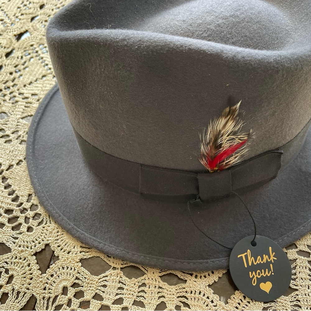 Vintage Botany 500 slate gray 100% wool fedora hat feather accent USA men’s XL - Picture 9 of 12